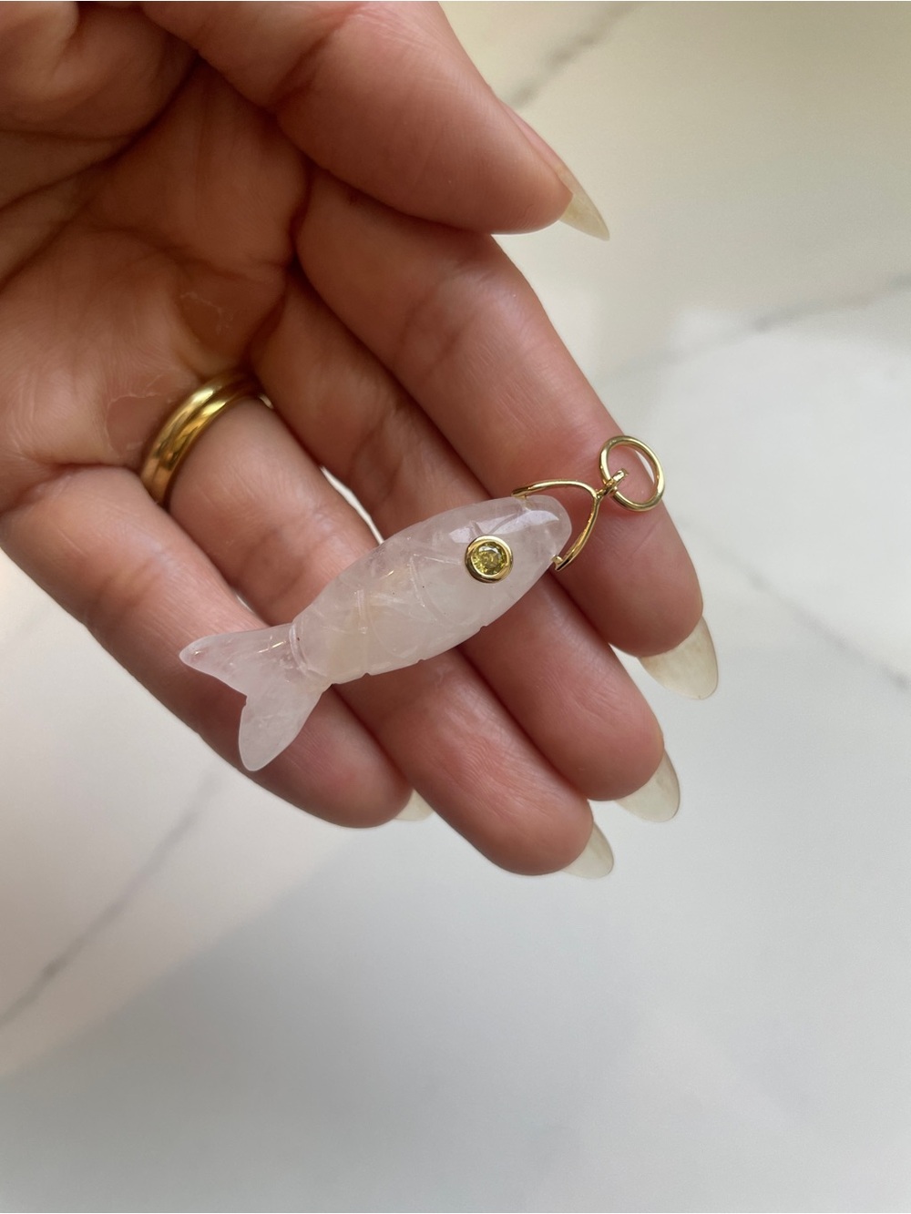 Hand-Carved Quartz Crystal Fish Pendant Charm, Yellow Zircon Eye,18K Gold Plated